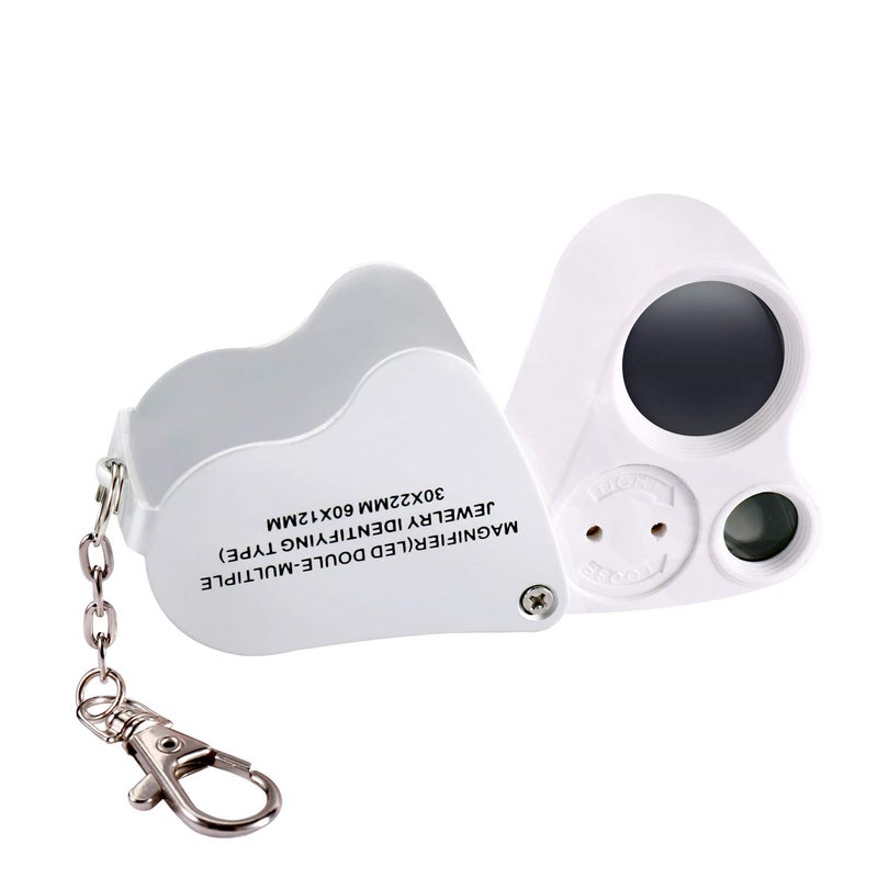Jiusion Portable Lighted LED Illuminated Jewelry Magnifier 30X 60X Wearable Handheld Dual Lens Eye Loupe Magnifying Glasses Micro Microscope with Keychain and Lanyard - Image 1